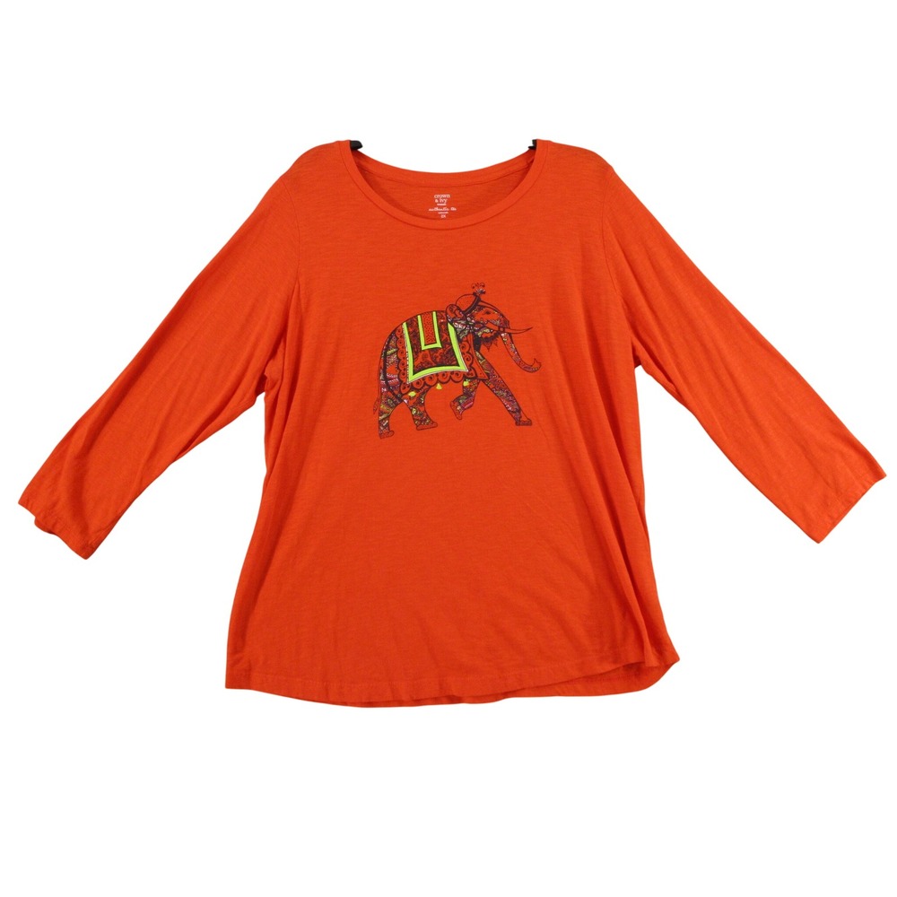 Crown & Ivy Womens Orange Elephant Embroidered Long Sleeve Slub Knit Tee 2X